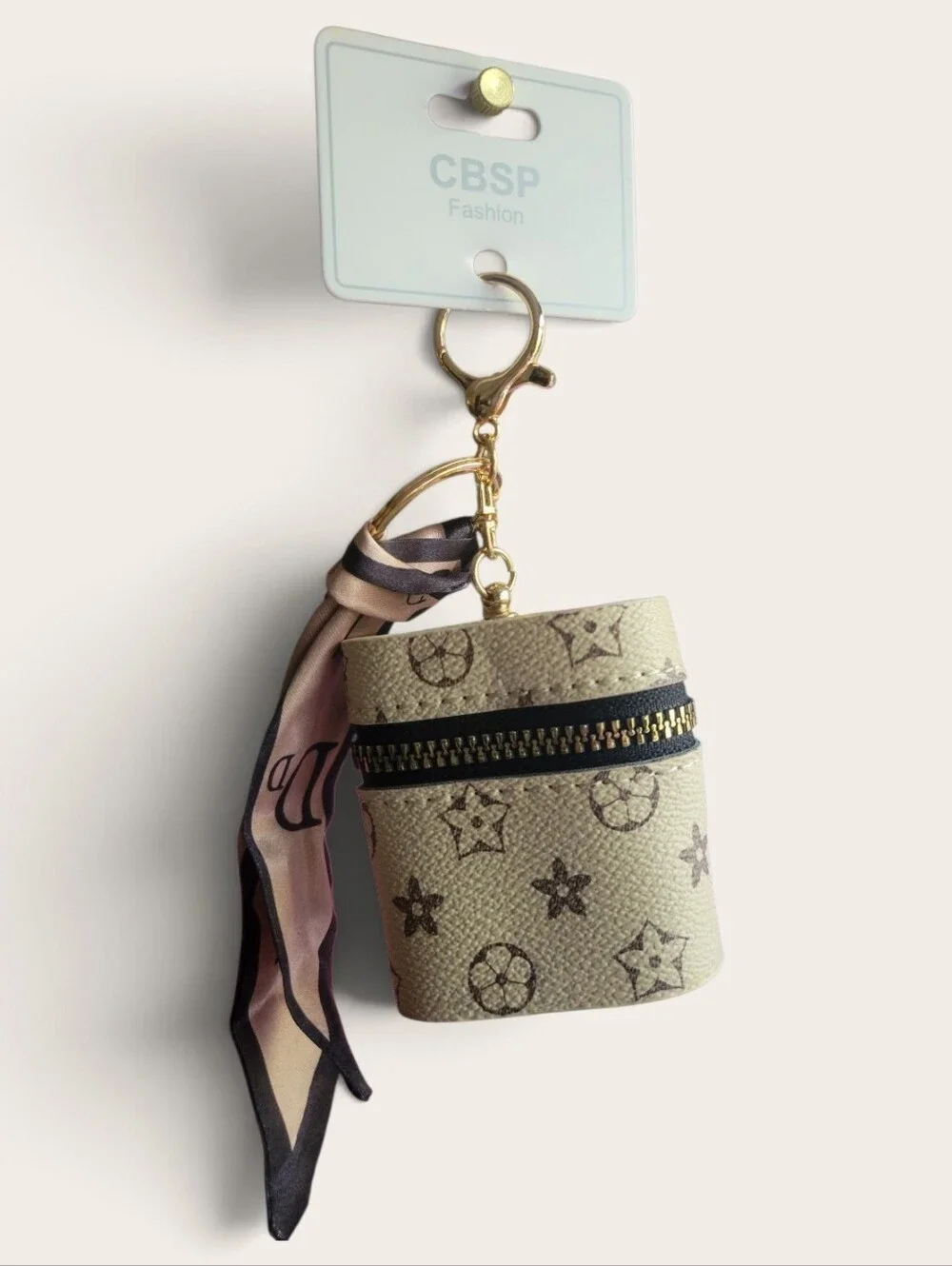 Beige Printed Mini Pouch Keychain with Scarf